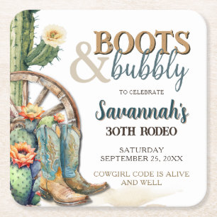 Boots and Bubbly Country Cowgirl Cactus Birthday Square Paper Coaster