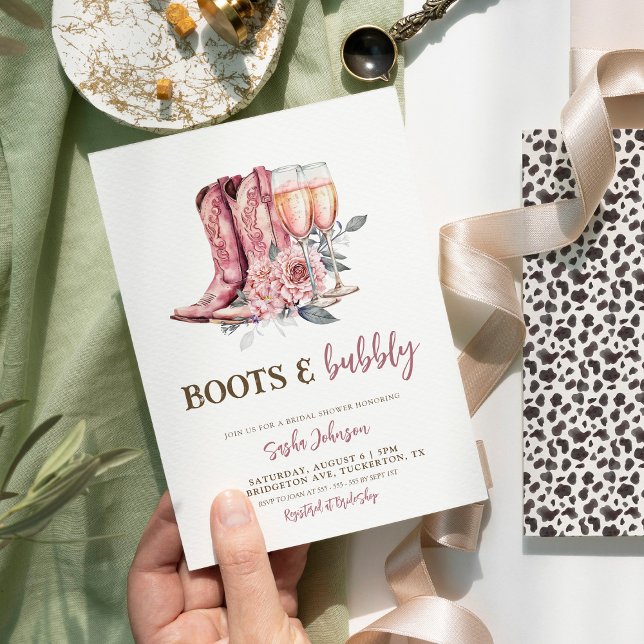 Boots and Bubbly Elegant Pink Bridal Shower Invitation (Creator Uploaded)