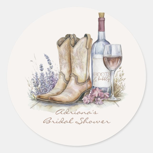 Boots and Bubbly Floral Bridal Shower Classic Round Sticker (Front)