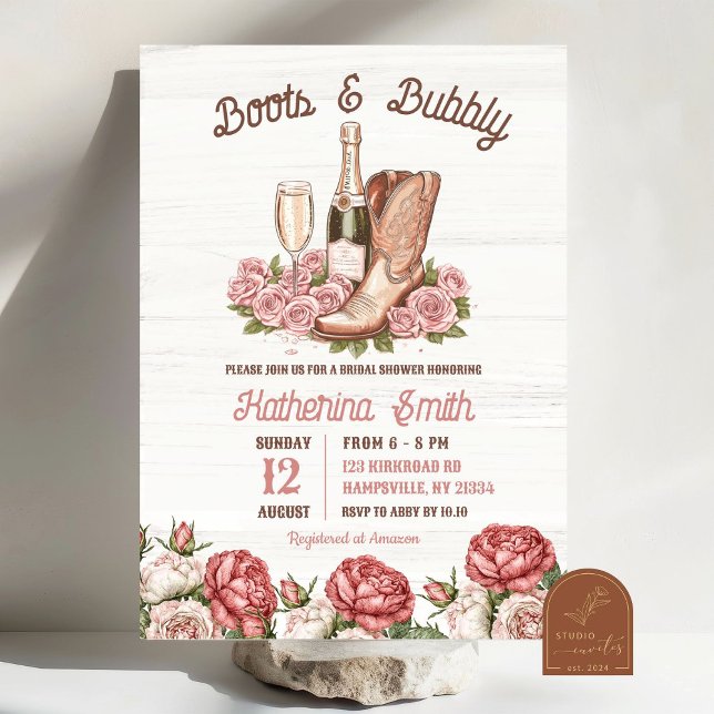 Boots and Bubbly Floral Champagne Bridal Shower Invitation (Creator Uploaded)