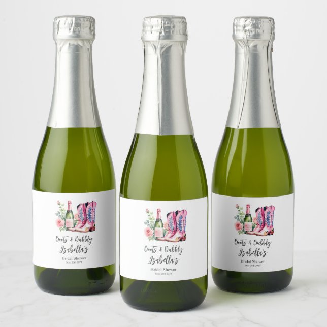 Boots and Bubbly Pink Bridal Shower Sparkling Wine Label (Bottles)