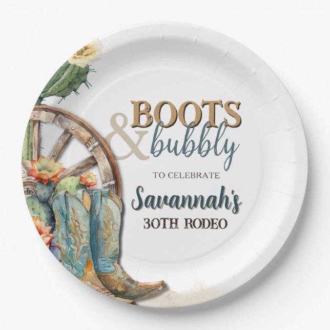 Boots and Bubbly Rodeo Cowgirl Western Birthday Paper Plate (Front)