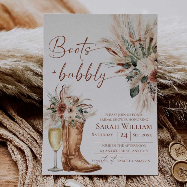 Boots and Bubbly Rustic Bridal Shower Invitation (Boots and Bubbly Bridal Shower Invitation | Rustic Western Boho Terracotta)