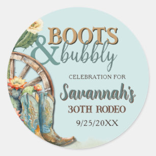 Boots and Bubbly Rustic Cowgirl Aqua Blue Birthday Classic Round Sticker