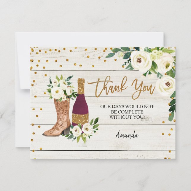 Boots and Bubbly Rustic Thank You Card (Front)