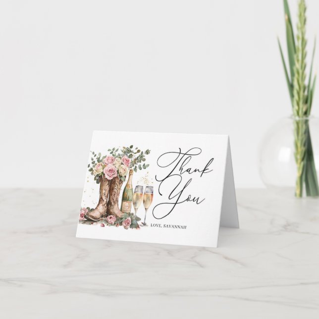 Boots and Bubbly Rustic Western Bridal Shower Thank You Card (Front)