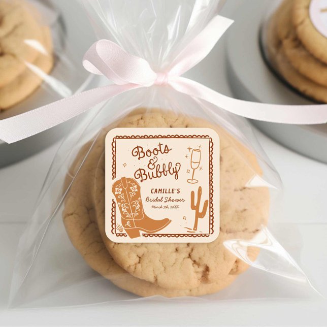 Boots and Bubbly Western Hand Drawn Square Sticker (Boots and Bubbly Hand Drawn Whimsical Bridal Shower sticker)