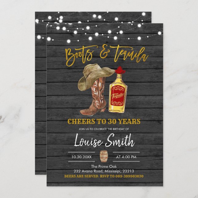 Boots and Tequilla Adult Birthday Invitation (Front/Back)