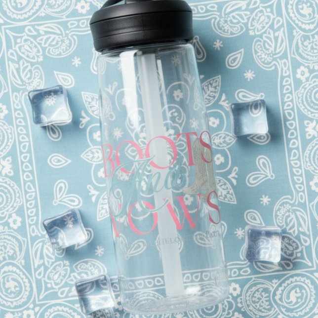 Boots and Vows Western Bachelorette Water Bottle (Say “I do” with a western twist in this charming “Boots and Vows” design!)