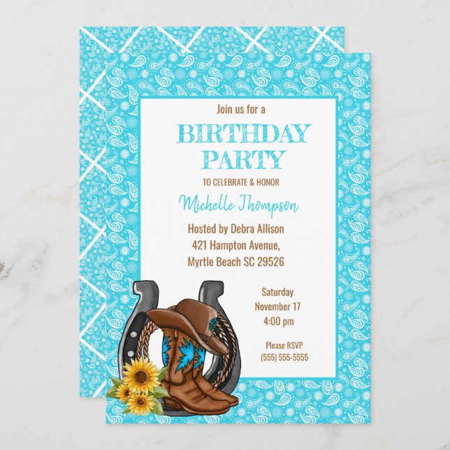 Boots Bandanna Sunflower Birthday Invitation (Front/Back)