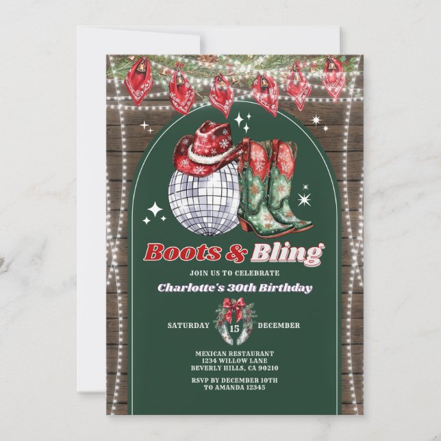 Boots & Bling Adult Birthday Christmas Party Wood Invitation (Front)