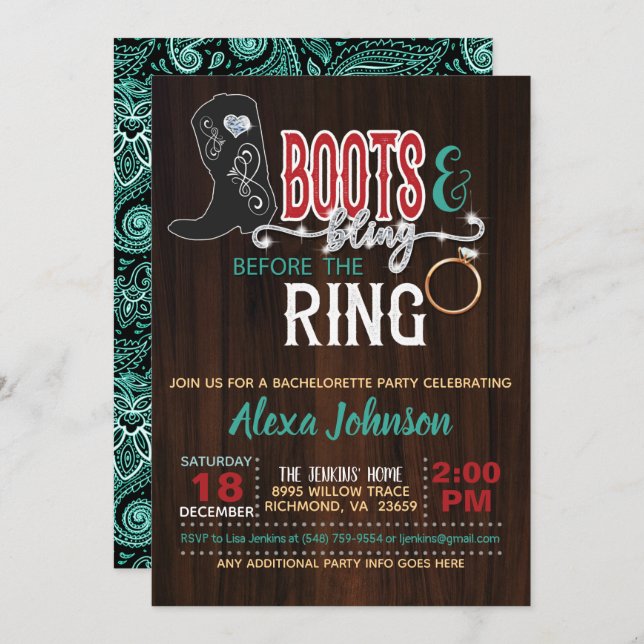 Boots & Bling Before the Ring Invitation - Turq (Front/Back)
