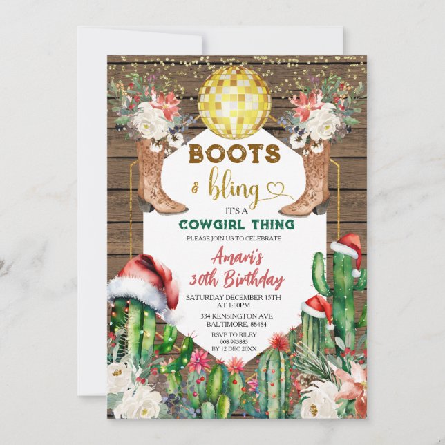Boots & Bling Cowgirl Wood Christmas 30th Birthday Invitation (Front)