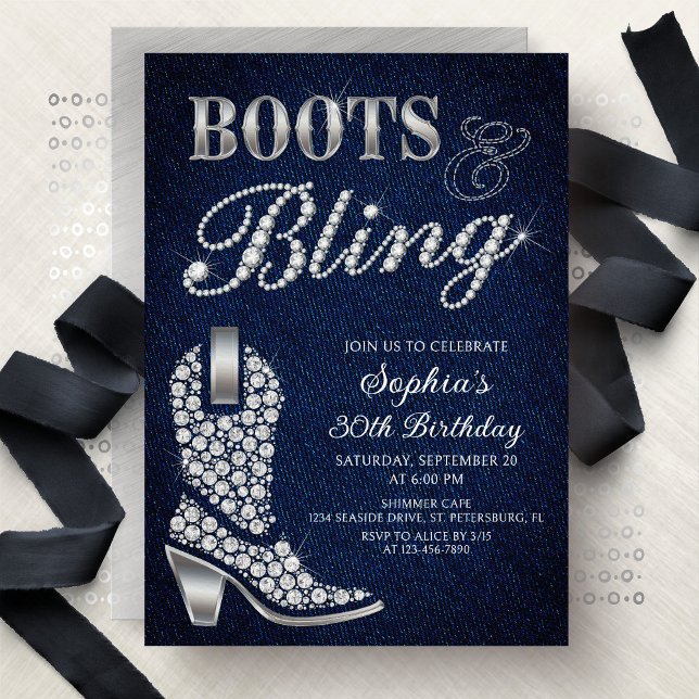 Boots Bling Denim Western Birthday Invitation (Creator Uploaded)
