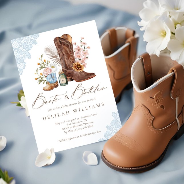 Boots & Bottles Blue Cowboy Western Baby Shower Invitation (Boots & Bottles Blue Cowboy Western Baby Shower Invitation)