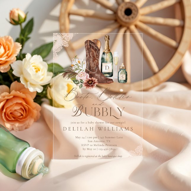 Boots Bottles & Bubbly Country Western Baby Shower Acrylic Invitations (Boots Bottles & Bubbly Country Western Baby Shower Acrylic Invitations)