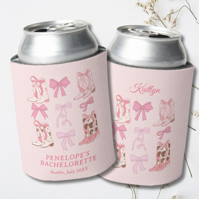 Boots & Bows Pink Cowgirl Girly Bachelorette  Can Cooler (Boots and Bows Pink Girly Bachelorette Party Can Cooler)
