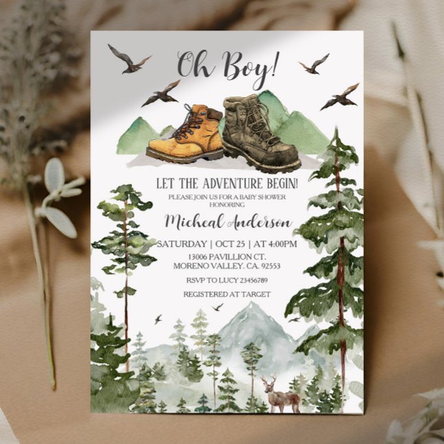 Boots Boy Pine Adventure Begin Forest Baby Shower  Invitation (Creator Uploaded)