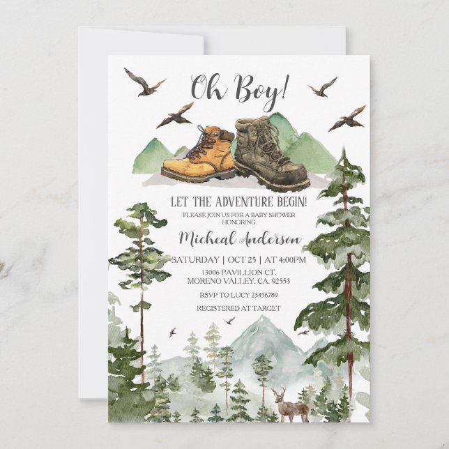 Boots Boy Pine Adventure Begin Forest Baby Shower  Invitation (Front)