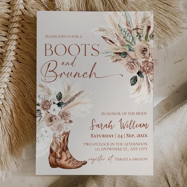 Boots Brunch Bridal Shower Invitation Rustic Boho (Boots Brunch Bridal Shower Invitation Rustic Boho Pampas Floral )