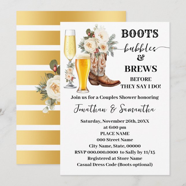Boots Bubbles & Brews Winter Bridal Shower Invitation (Front/Back)