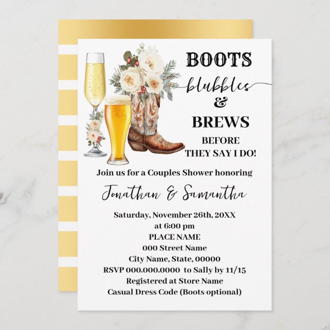 Boots Bubbles & Brews Winter Bridal Shower Invitation (Front/Back)