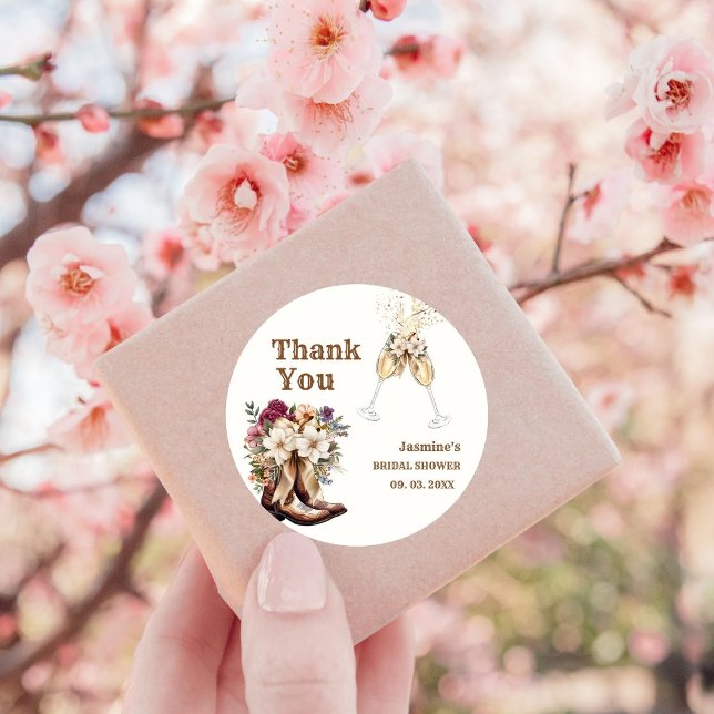 Boots & Bubbly Boho Western Bridal shower Party Classic Round Sticker (Creator Uploaded)