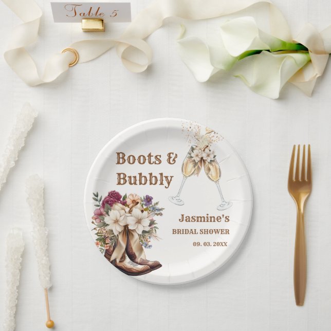 Boots & Bubbly Boho Western Bridal shower Party Paper Plate (Wedding)