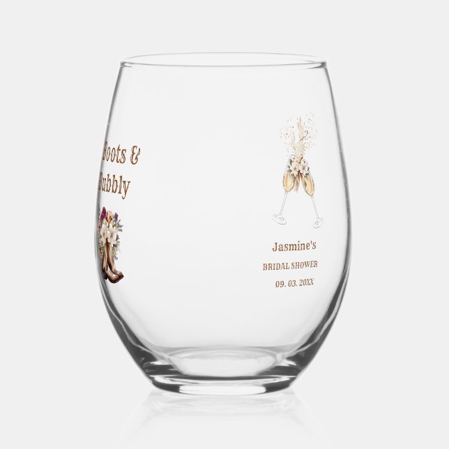Boots & Bubbly Boho Western Bridal shower Party Stemless Wine Glass (Front)
