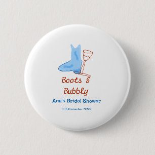 Boots & bubbly champagne bottle bridal shower blue 6 cm round badge