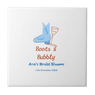 Boots & bubbly champagne bottle bridal shower blue ceramic tile