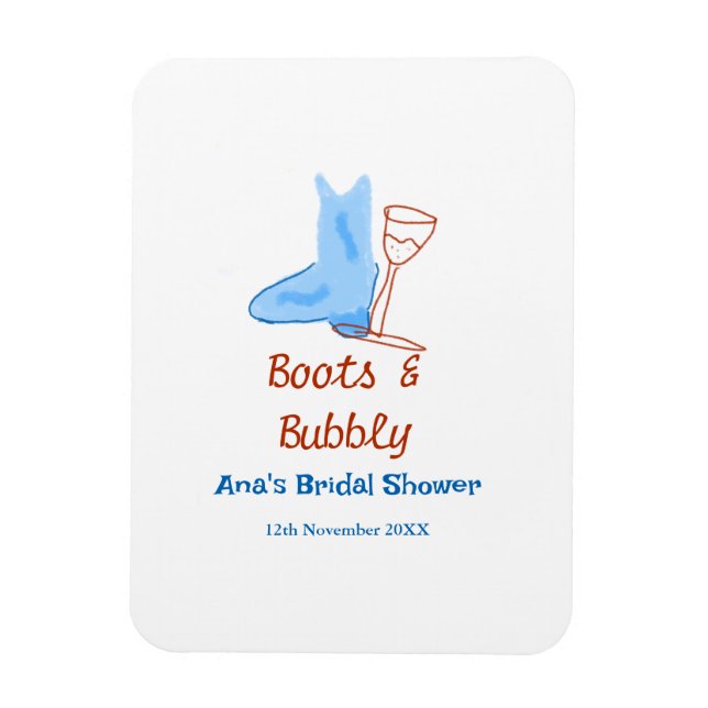 Boots & bubbly champagne bottle bridal shower blue magnet (Vertical)