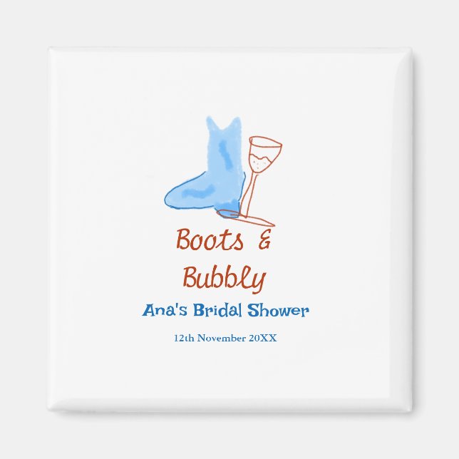 Boots & bubbly champagne bottle bridal shower blue magnet (Front)