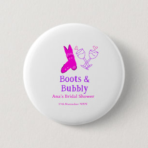 Boots & bubbly champagne bottle bridal shower pink 6 cm round badge