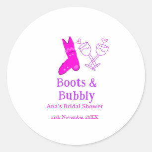 Boots & bubbly champagne bottle bridal shower pink classic round sticker