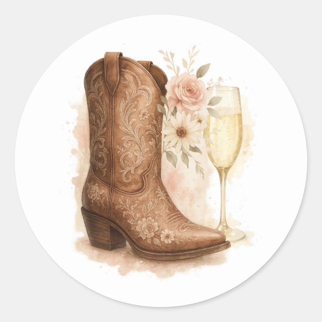 Boots & Bubbly Country Western Boot Bridal Shower  Classic Round Sticker (Front)
