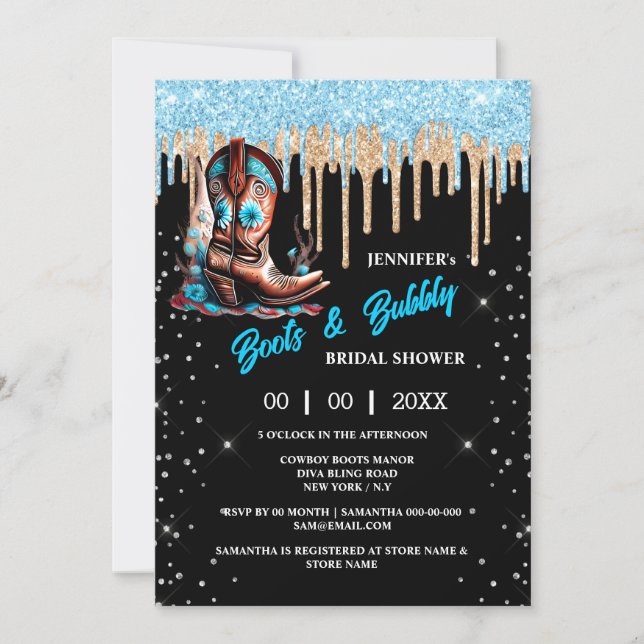 Boots bubbly cowboy boot glitter shine bridal  invitation (Front)