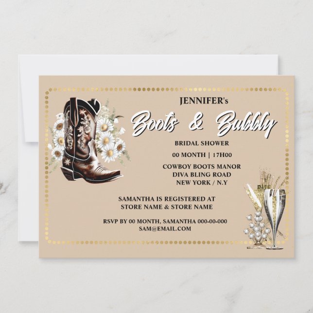 Boots bubbly cowgirl floral boot gold frame invitation (Front)