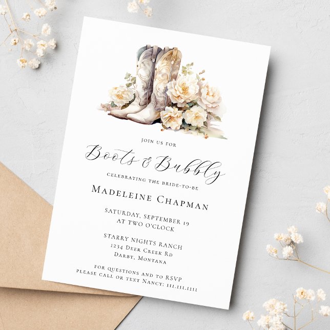 Boots & Bubbly Elegant Rustic Floral Bridal Shower Invitation (Creator Uploaded)