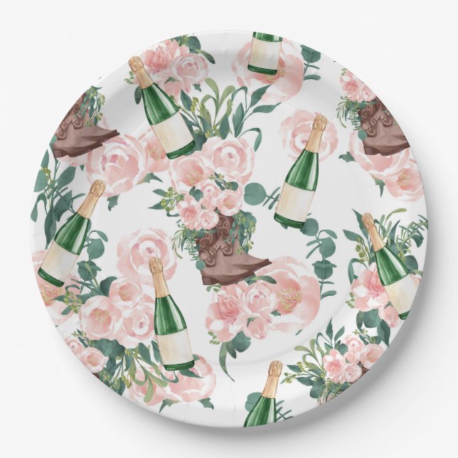 Boots & Bubbly Floral Champagne Bridal Shower Paper Plate (Front)