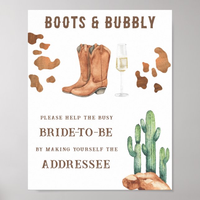 Boots & Bubbly Help the busy bride Address Poster (Front)