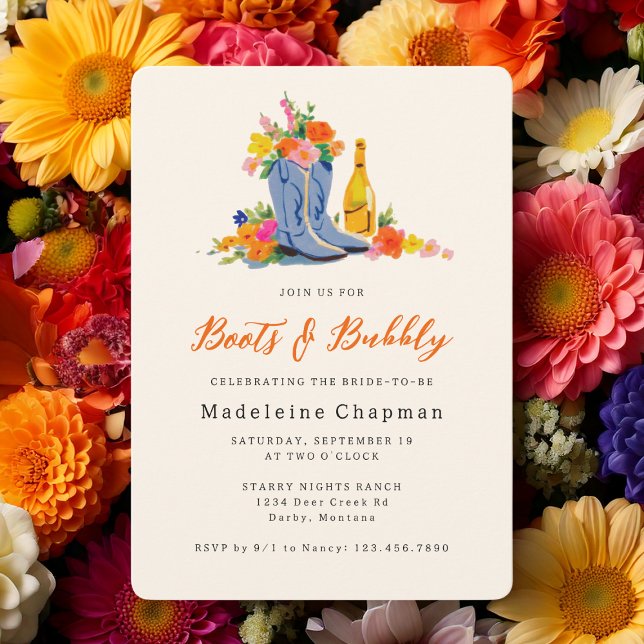 Boots & Bubbly Modern Cute Floral Bridal Shower Invitation (Creator Uploaded)