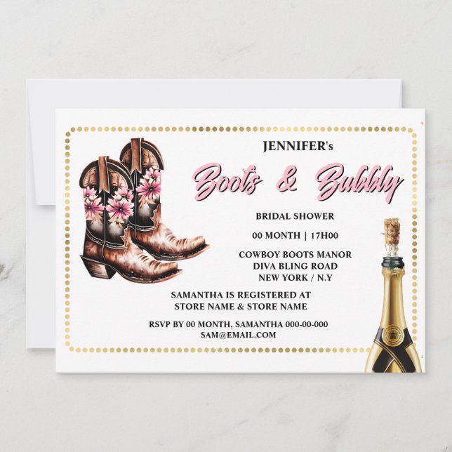 Boots bubbly pink gold cowgirl boots floral chic invitation (Front)