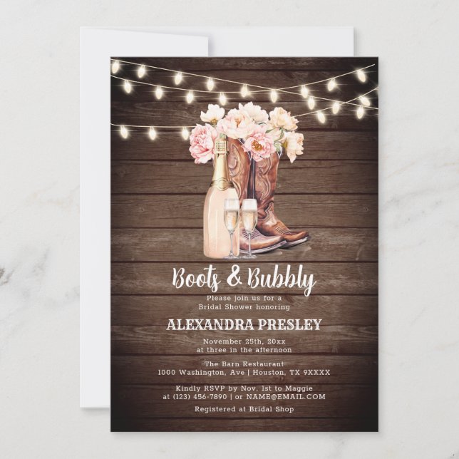 Boots & Bubbly Rustic Cowgirl Floral BRIDAL SHOWER Invitation (Front)
