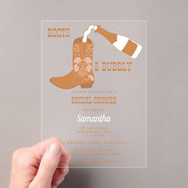 Boots Bubbly Rustic Western Country Bridal Shower Acrylic Invitations (Insitu (Handheld))