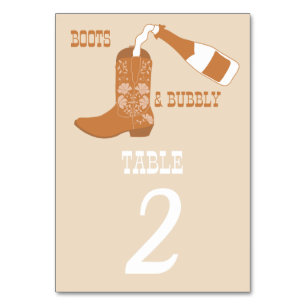 Boots Bubbly Rustic Western Country Bridal Shower Table Number