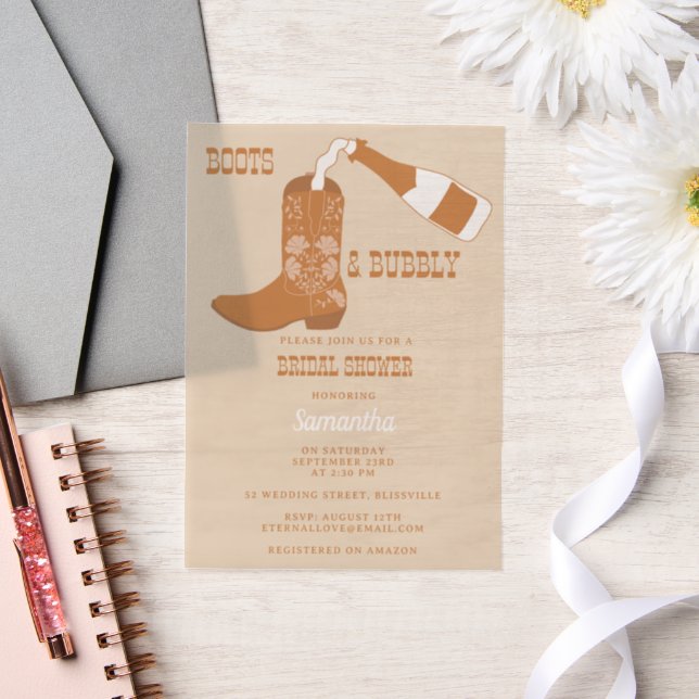 Boots Bubbly Rustic Western Country Bridal Shower Vellum Invitations (Wedding)