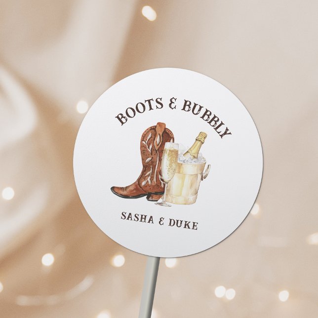 Boots & Bubbly Rustic Western Wedding Classic Round Sticker (Creator Uploaded)