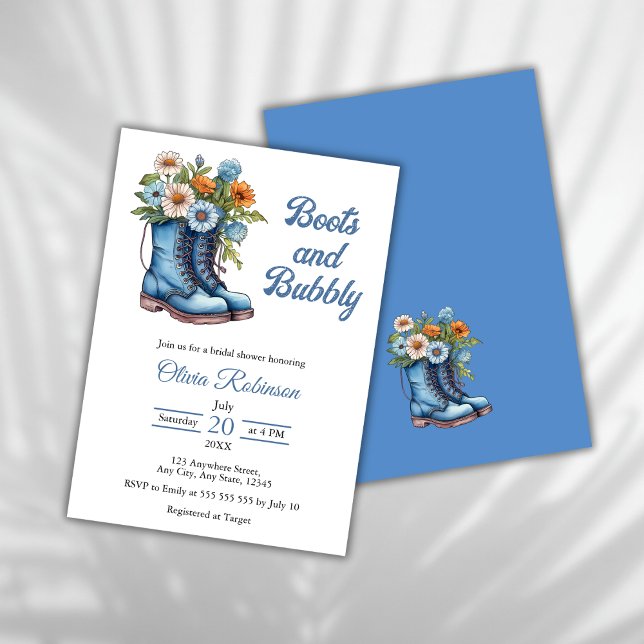Boots & Bubbly Western Cowgirl Blue Bridal Shower  Invitation (Boots & Bubbly Western Cowgirl Blue Bridal Shower Invitation )