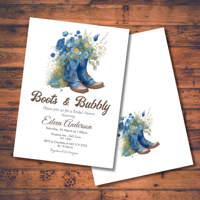 Boots & Bubbly Western Cowgirl Blue Bridal Shower Invitation (Boots Bubbly Western Cowgirl Blue Bridal Shower Invite)